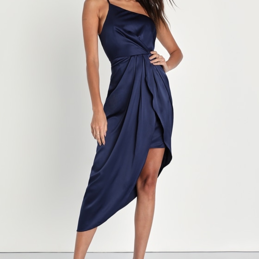Lulus Law Of Attraction Navy Blue One-shoulder Asymmetrical Midi Dress - Size M